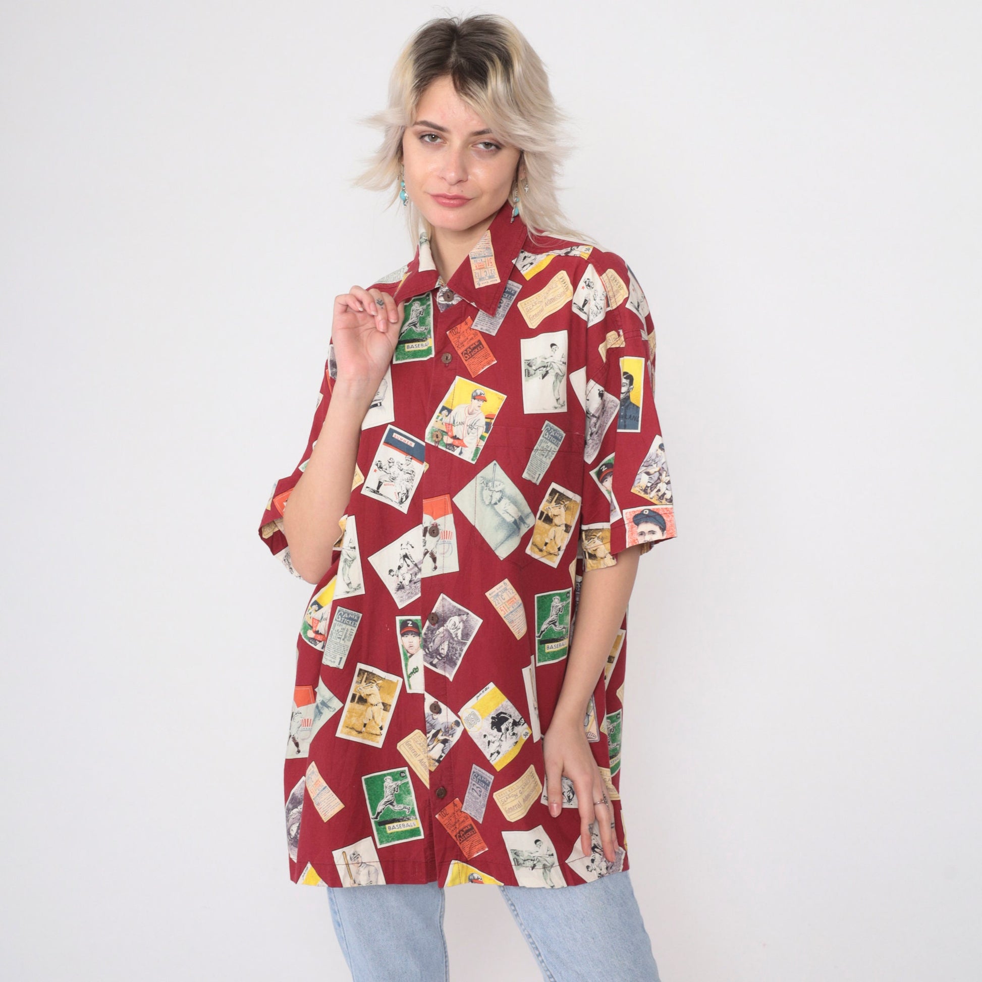 90s Baseball Card Print Button-Up Shirt Red Cotton Large