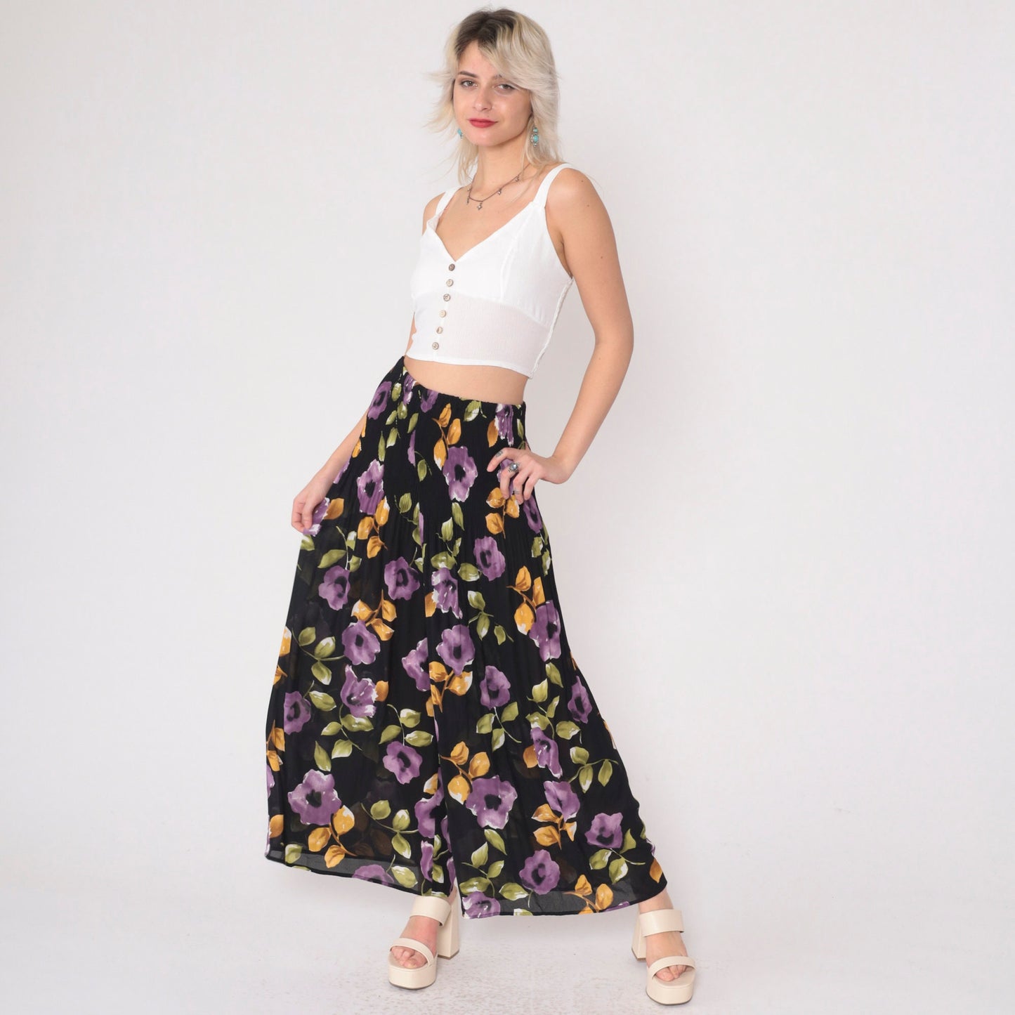 90s Black Floral Palazzo Pants Semi-Sheer High Waist Pleated Wide Leg Small