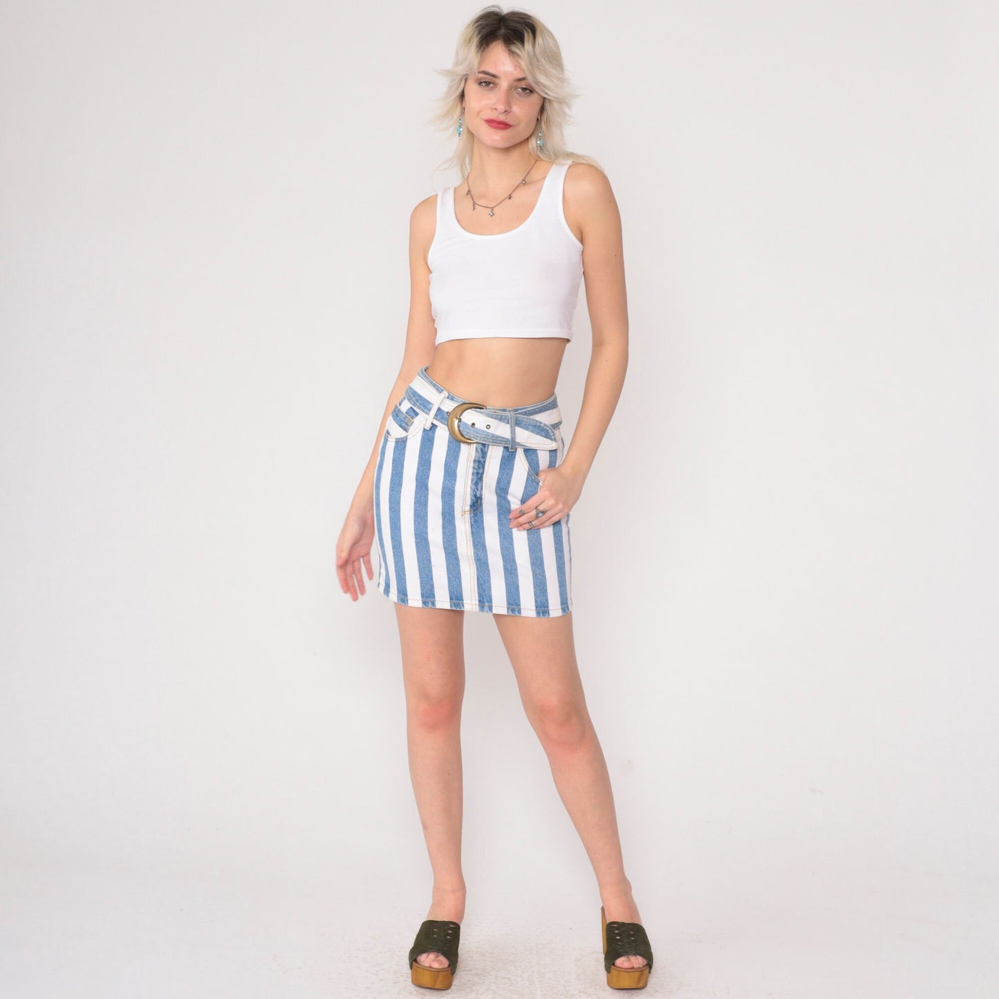 90s Paris Blues Striped Denim Mini Skirt High Waist Belt White Blue Extra Small