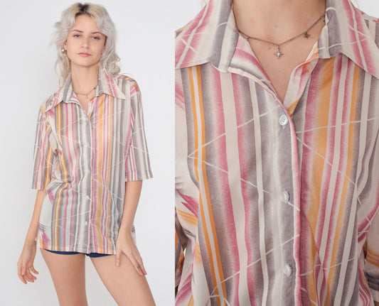 70s Abstract Striped Button-Up Blouse Short Sleeve Pointed Collar Disco Large