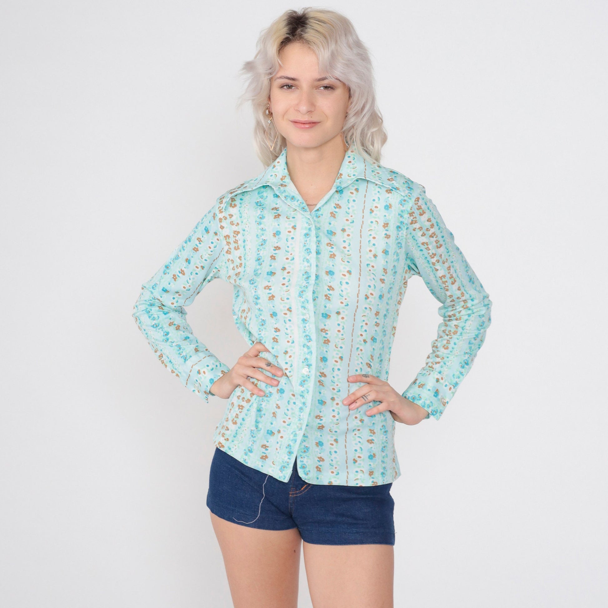 70s Blue Floral Striped Blouse Wing Collar Button Up Long Sleeve Medium