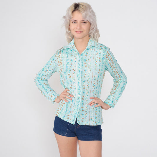 70s Blue Floral Striped Blouse Wing Collar Button Up Long Sleeve Medium