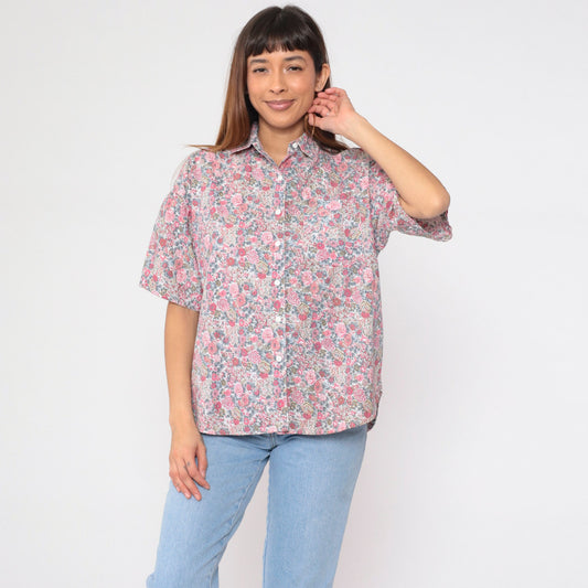 90s Floral Button-Up Shirt Cotton Wildflower Print Short Sleeve Small