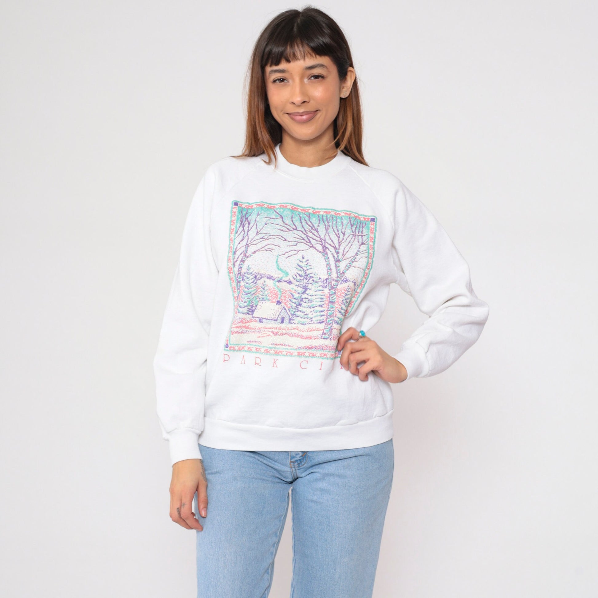 90s Park City Utah Glitter Winter Cabin Sweatshirt White Crewneck Large L