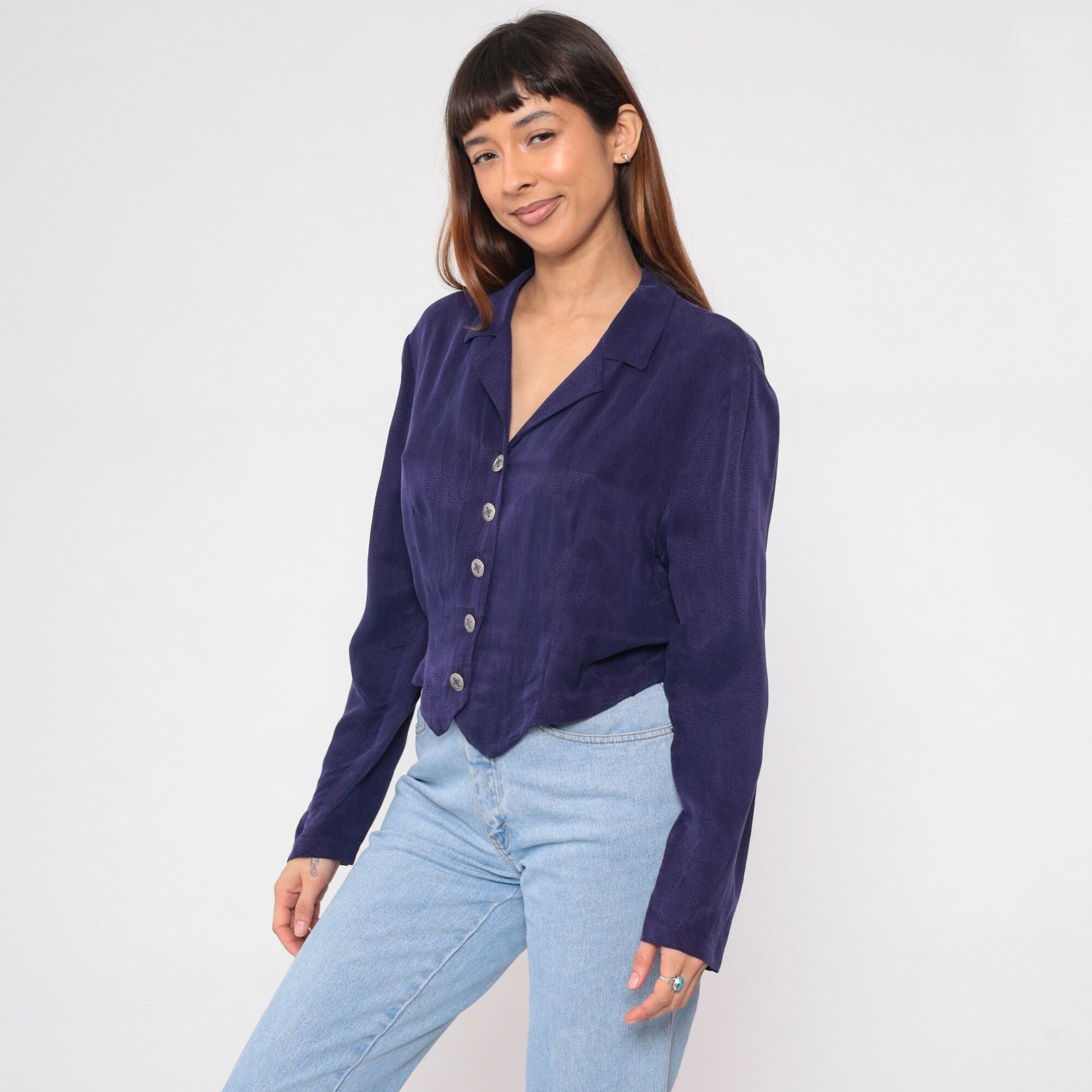 90s Purple Embossed Diamond Blouse Button Up Long Sleeve Collared Shirt Large