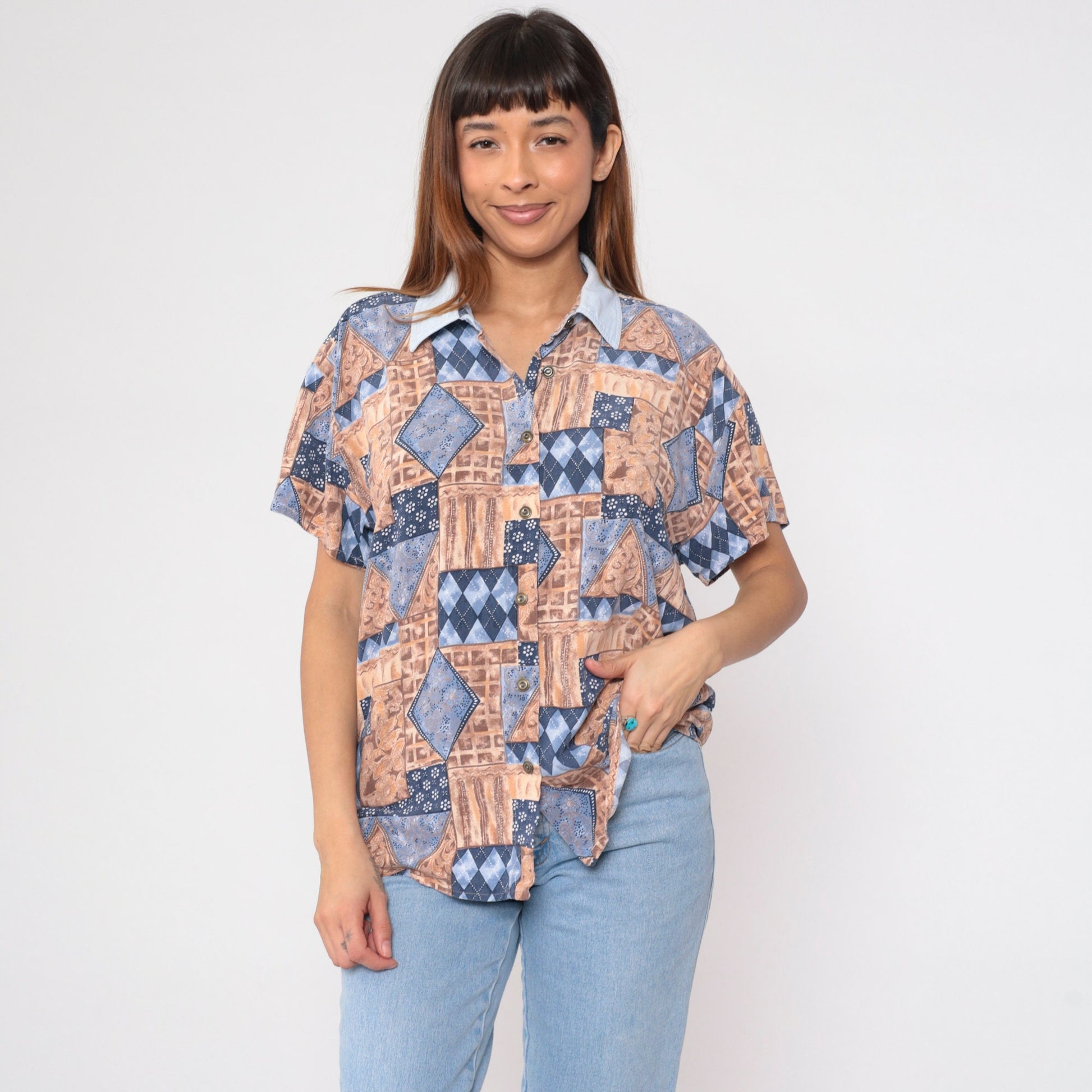 90s Geometric Floral Button-Up Blouse Short Sleeve Patchwork Print Blue Tan Large L