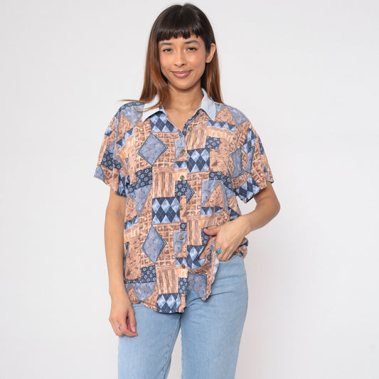 90s Geometric Floral Button-Up Blouse Short Sleeve Patchwork Print Blue Tan Large L