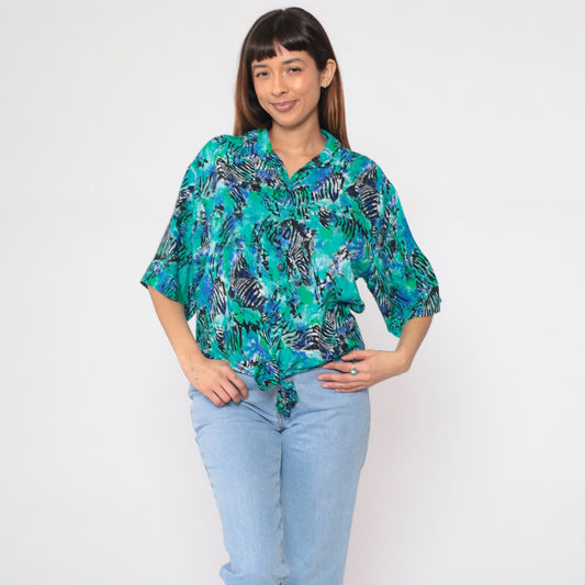 90s Abstract Zebra Print Tie-Front Blouse Blue Green Short Sleeve Medium M