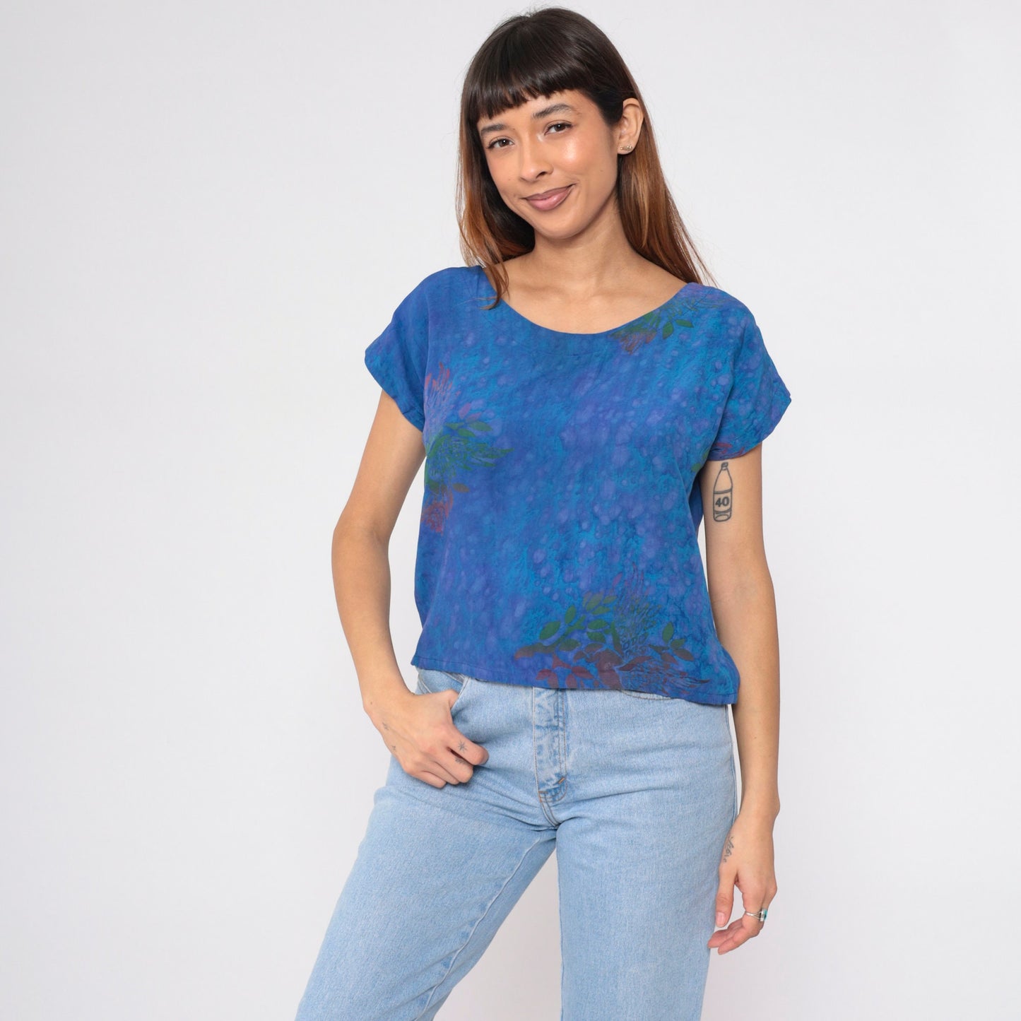 Y2K Tie Dye Floral Blouse Blue Pink Green Cap Sleeve Small