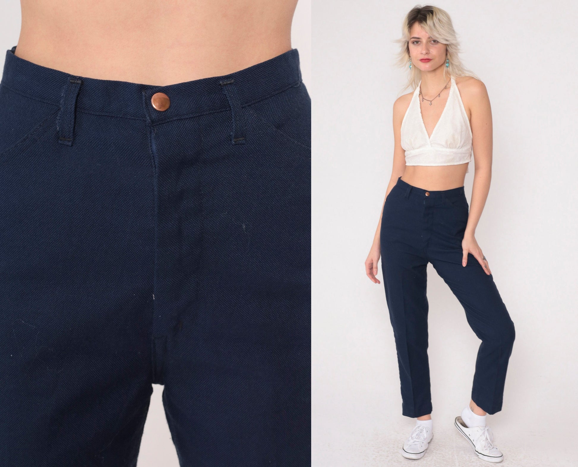 70s Navy High-Rise Straight Leg Trousers Creased Vintage Extra Small