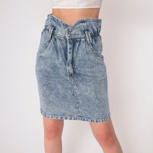 90s Acid Wash Denim Mini Skirt High Shirred Waist Blue Pencil Extra Small