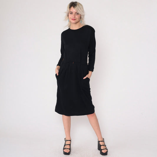 80s Black Midi Dress High Waist Pleated Pockets Long Sleeve Medium Large