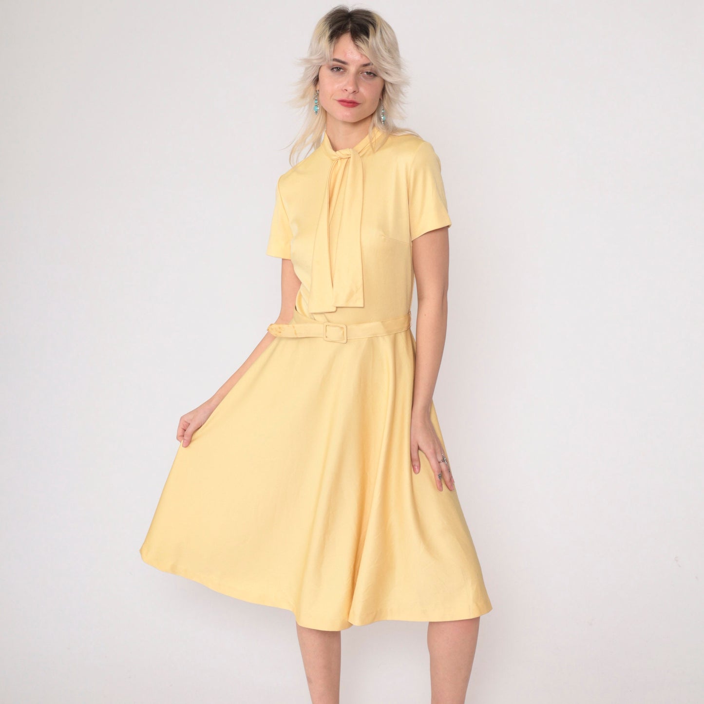 70s Mod Ascot Dress Light Yellow Necktie Belted High Waist Midi Small