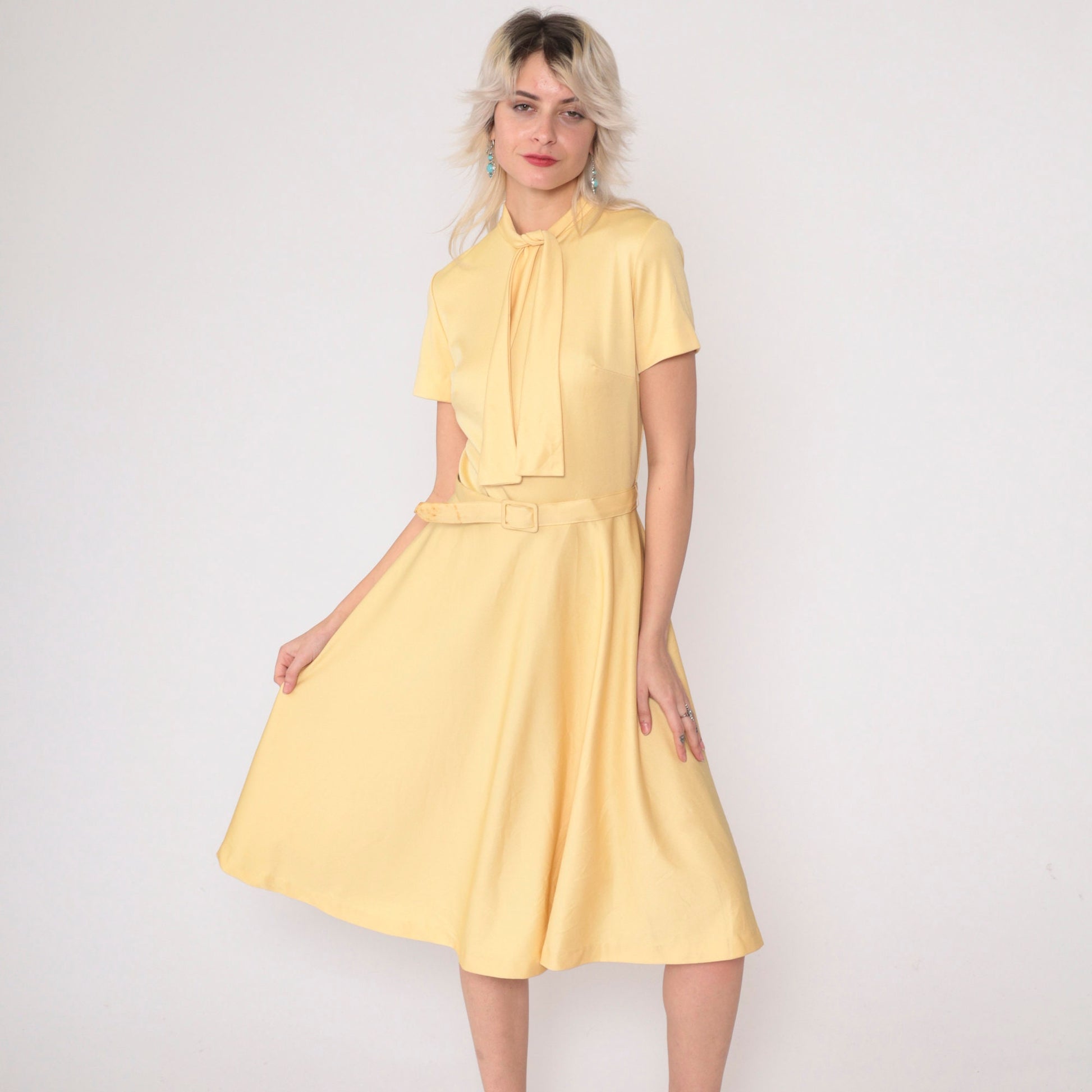 70s Mod Ascot Dress Light Yellow Necktie Belted High Waist Midi Small