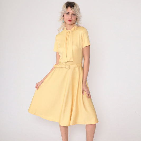 70s Mod Ascot Dress Light Yellow Necktie Belted High Waist Midi Small