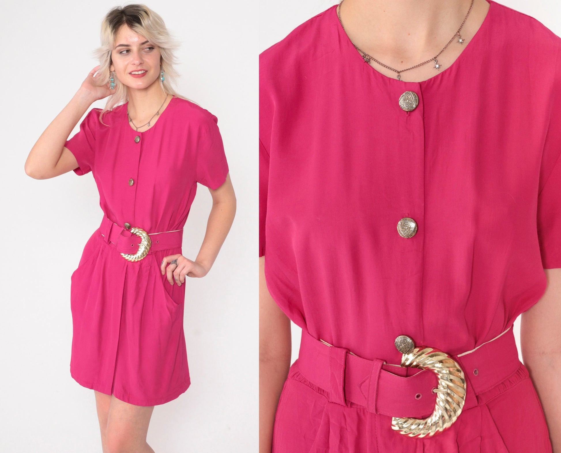 90s Hot Pink Mini Dress Button-Up Sheath Belted Short Sleeve Small