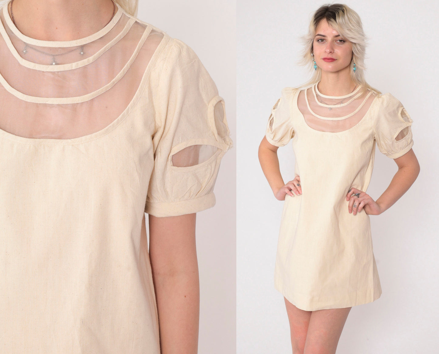 00s Cream Mini Dress Mesh Puff Sleeve Cutout Illusion Neckline Small S