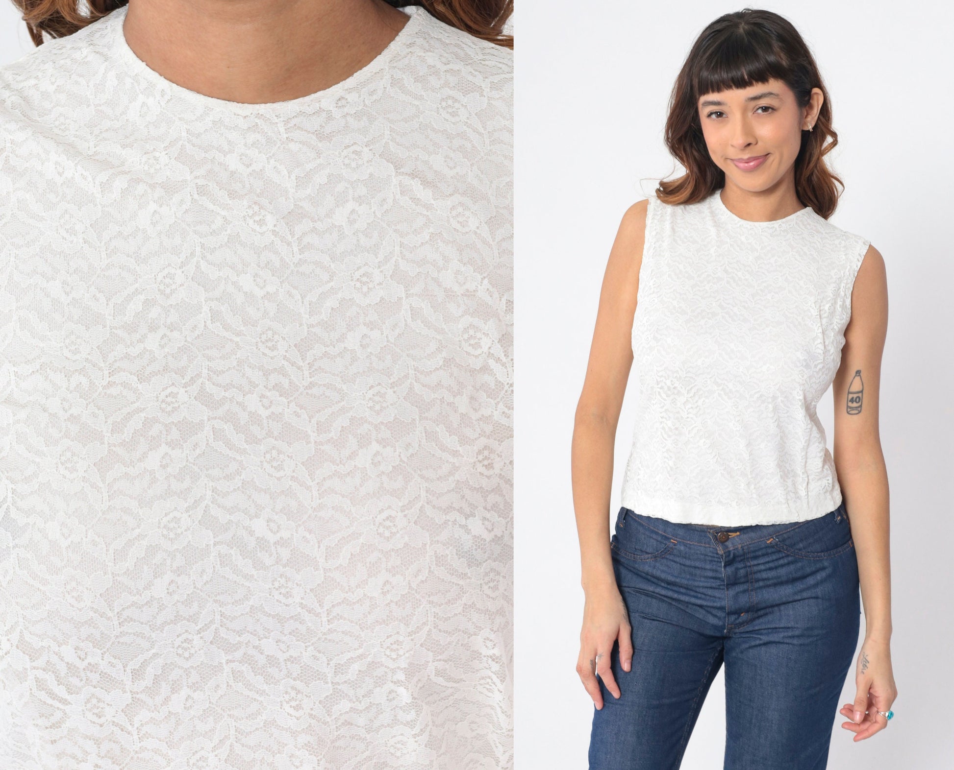 60s White Lace Sleeveless Blouse Button Back Crop Top Small