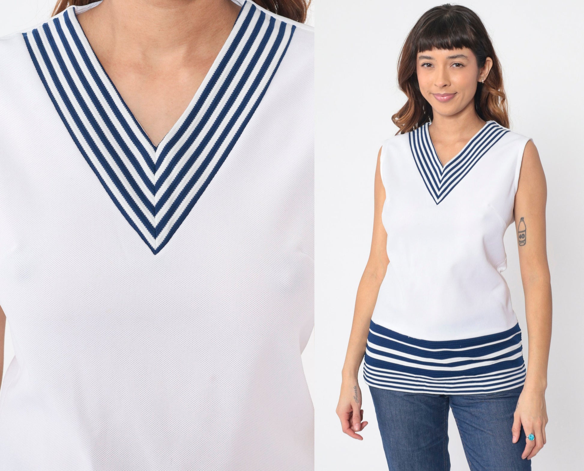 70s Nautical Striped V-Neck Tank Top White Blue Chevron Sleeveless Small