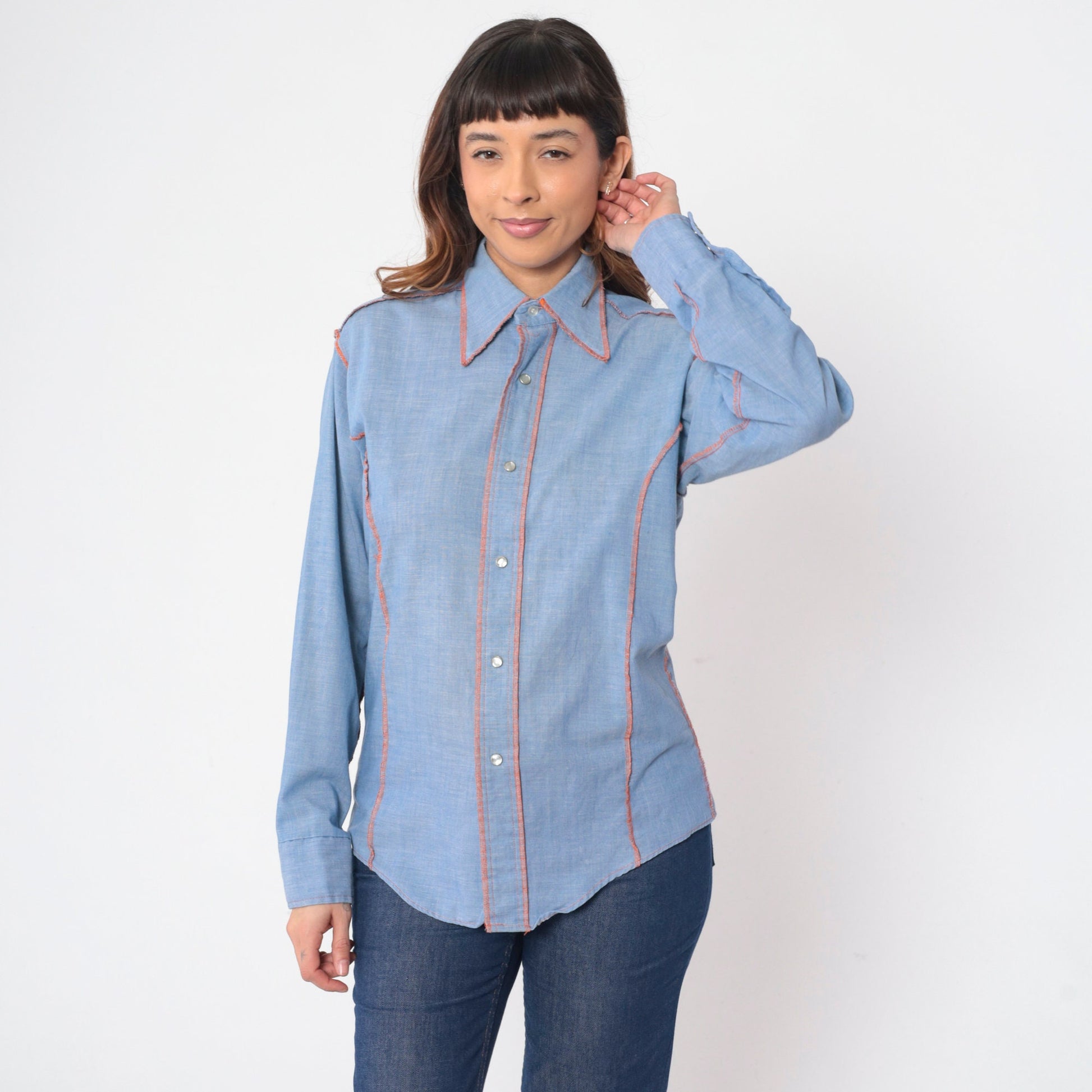 70s Andy New York Chambray Shirt Pearl Snap Western Dagger Collar Medium