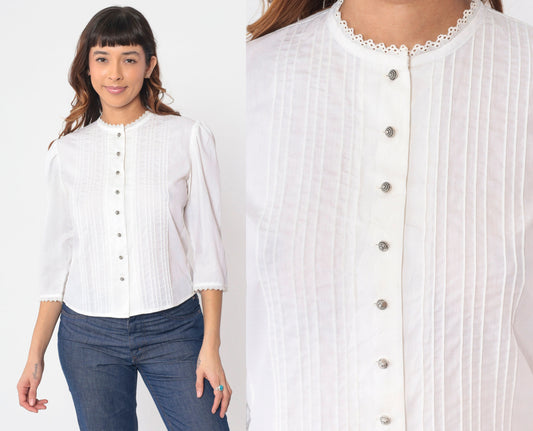 70s Lanz Originals White Prairie Blouse Puff Sleeve Pintuck Button Up Small