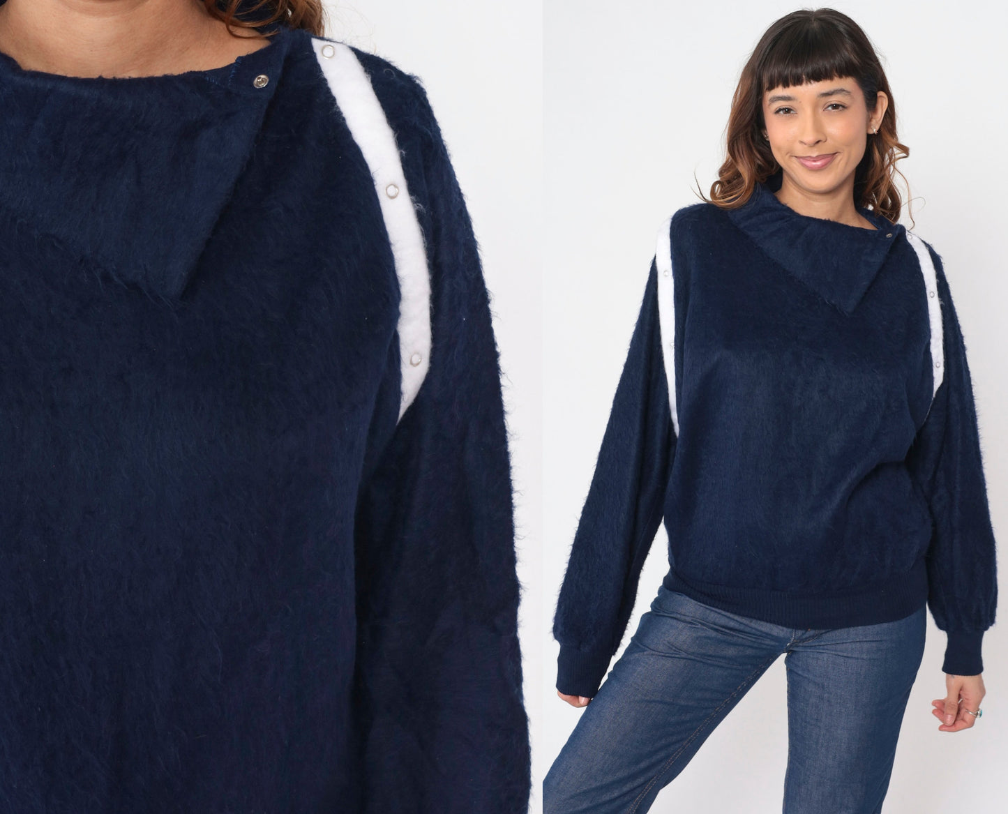 80s Navy Shaggy Fleece Sweatshirt Asymmetrical Shawl Collar Snap Pullover Small
