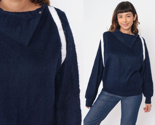 80s Navy Shaggy Fleece Sweatshirt Asymmetrical Shawl Collar Snap Pullover Small