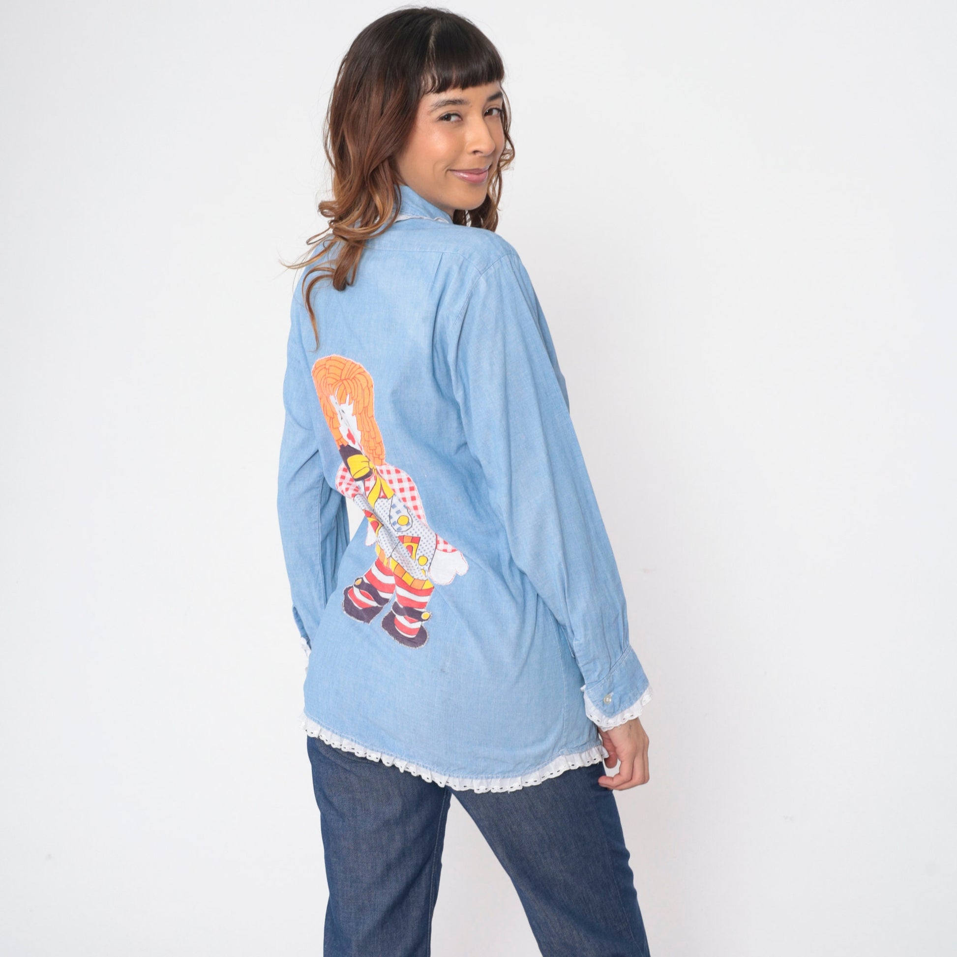 70s Lee Raggedy Ann Chambray Button-Up Blouse Blue Eyelet Lace Medium