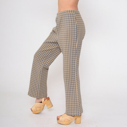 70s Houndstooth Flared Trousers High Waist Grey Tan Checkered Small Medium