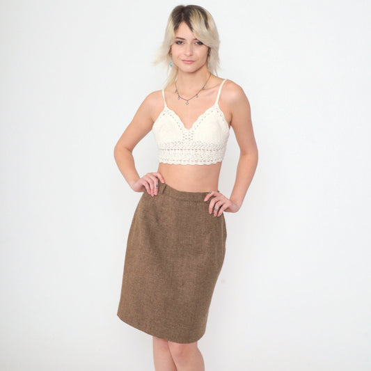 70s Brown Wool Blend Pencil Skirt High Waist Mini Small S
