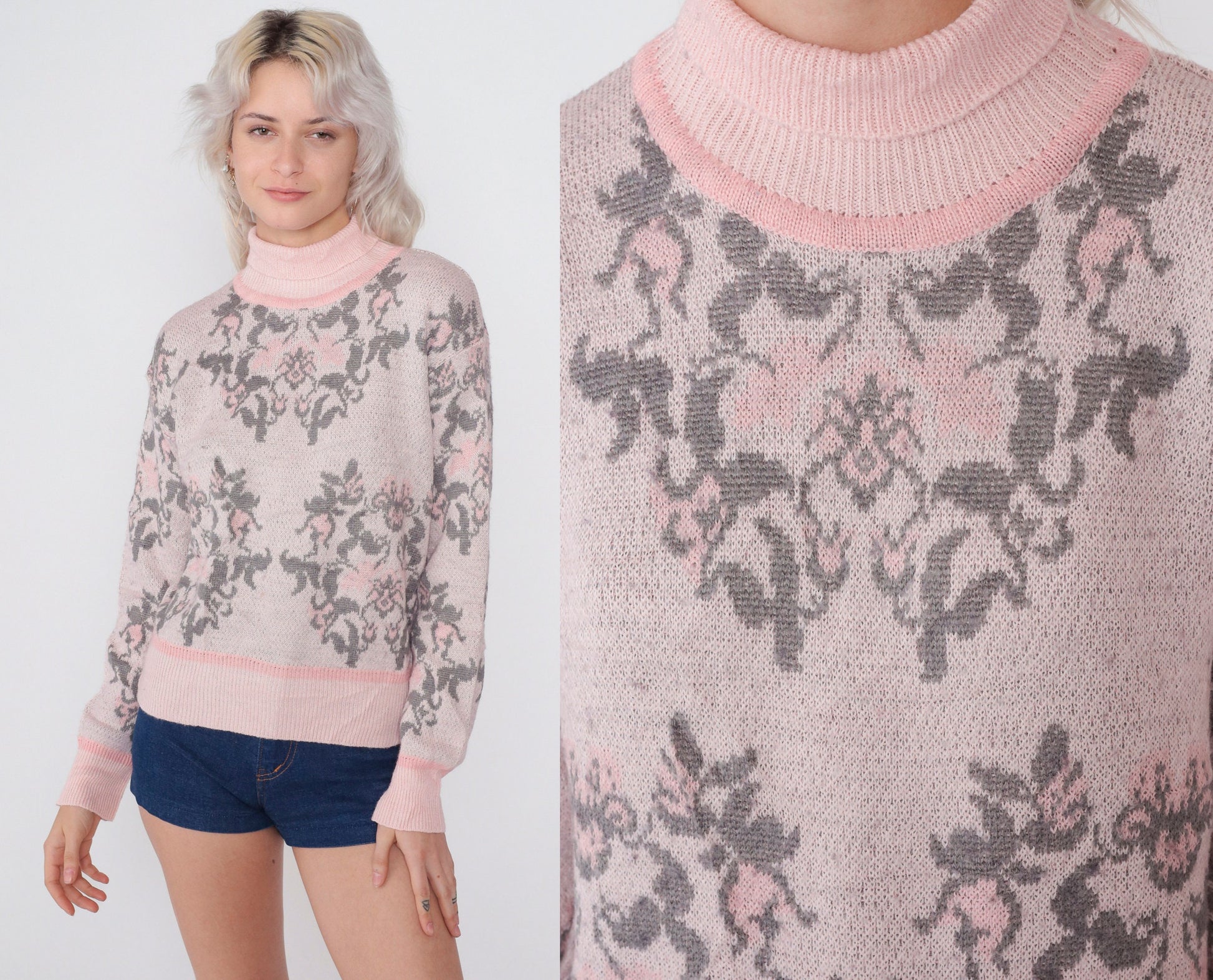 90s Pink Floral Abstract Knit Sweater Mock Neck Wool Blend Small S