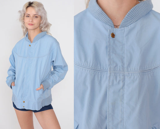 80s Baby Blue Bomber Jacket Windbreaker Zip Snap Front Medium