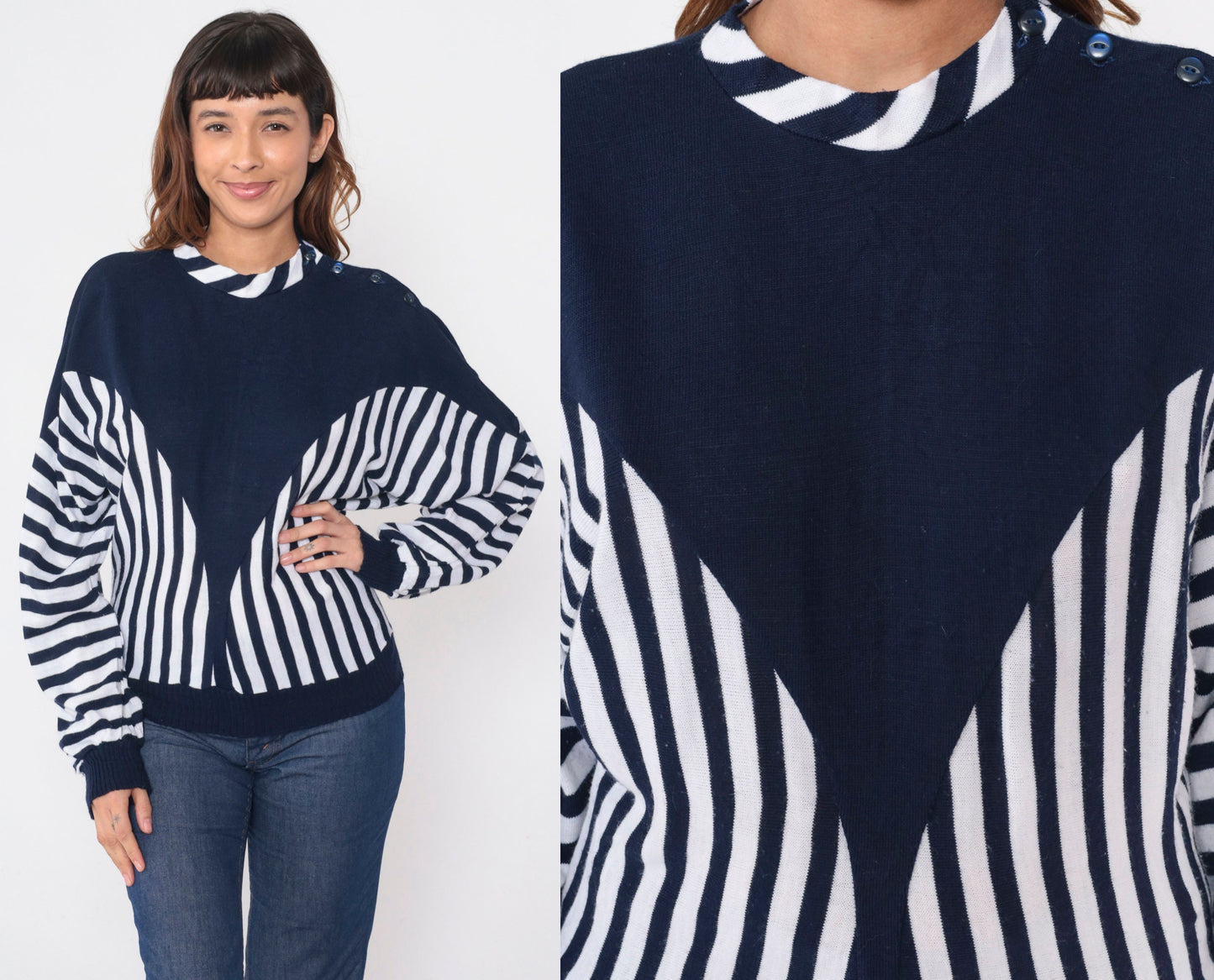 80s Clo Clo Striped Colorblock Knit Sweater Blue White Dolman Sleeve Small Medium