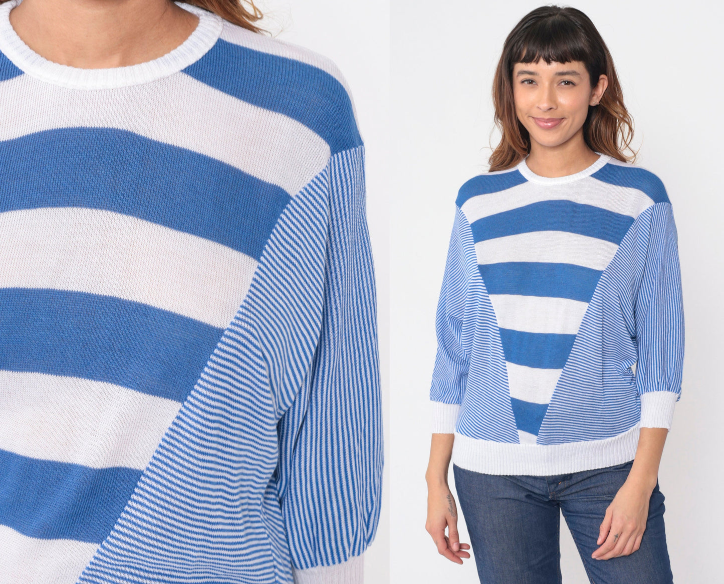 80s Blue White Striped Dolman Sweater Knit Pullover 3/4 Batwing Sleeve Medium M