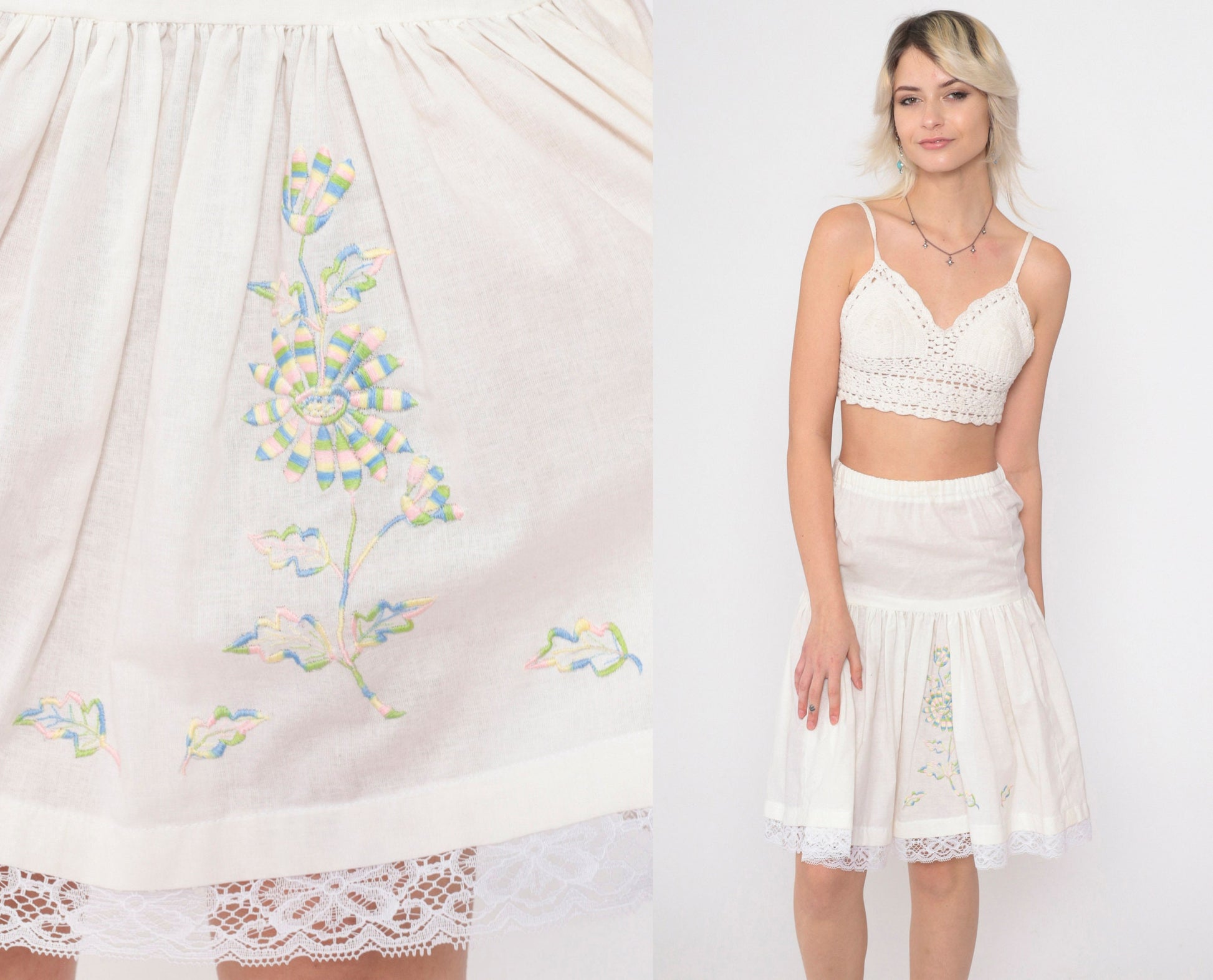 70s White Floral Embroidered Slip Skirt Lace Trim Knee Length Extra Small