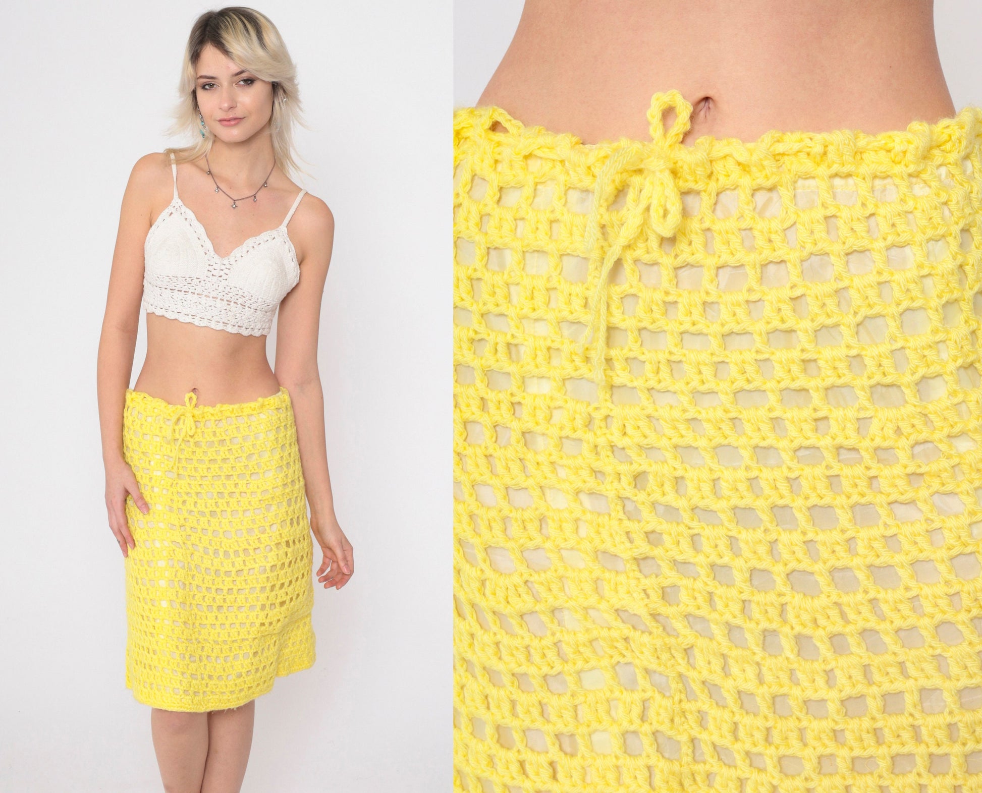 70s Yellow Crochet Midi Skirt High Waisted Open Weave Drawstring Small