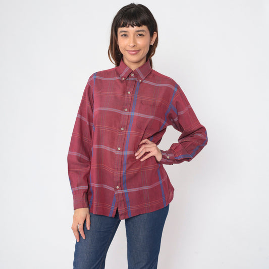 80s Arrow Burgundy Plaid Button-Up Shirt Long Sleeve Collared Medium