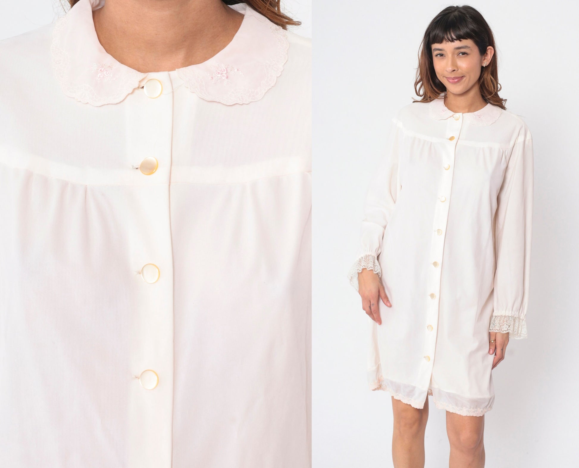 70s Floral Embroidered Nylon Lounge Dress Cream Button-Up Nightie Medium Large
