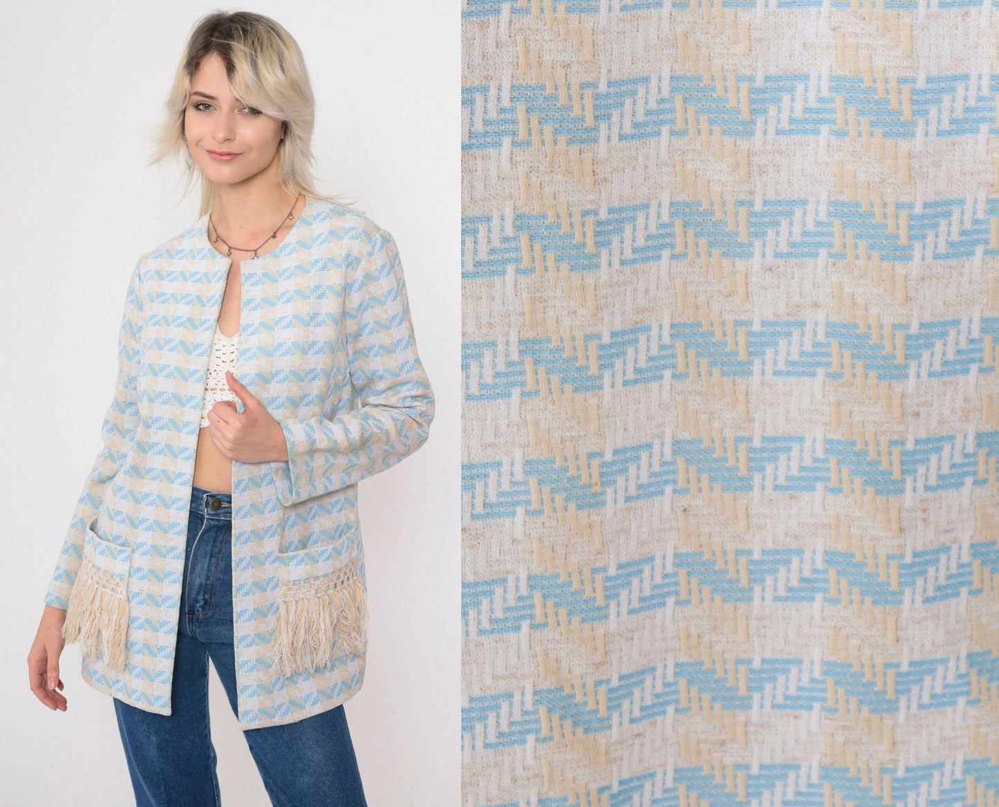 70s Nardis of Dallas Baby Blue Checkered Chevron Open Front Jacket Small Medium