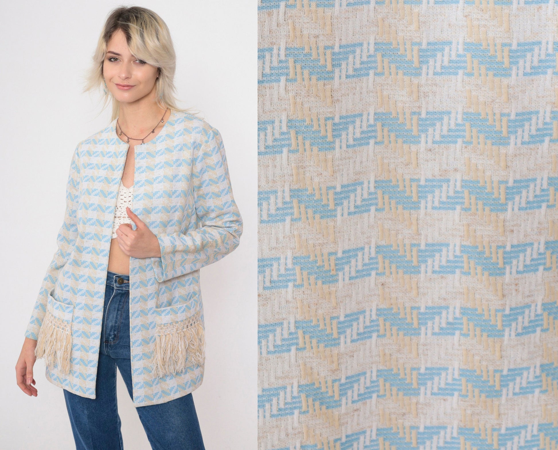 70s Nardis of Dallas Baby Blue Checkered Chevron Open Front Jacket Small Medium