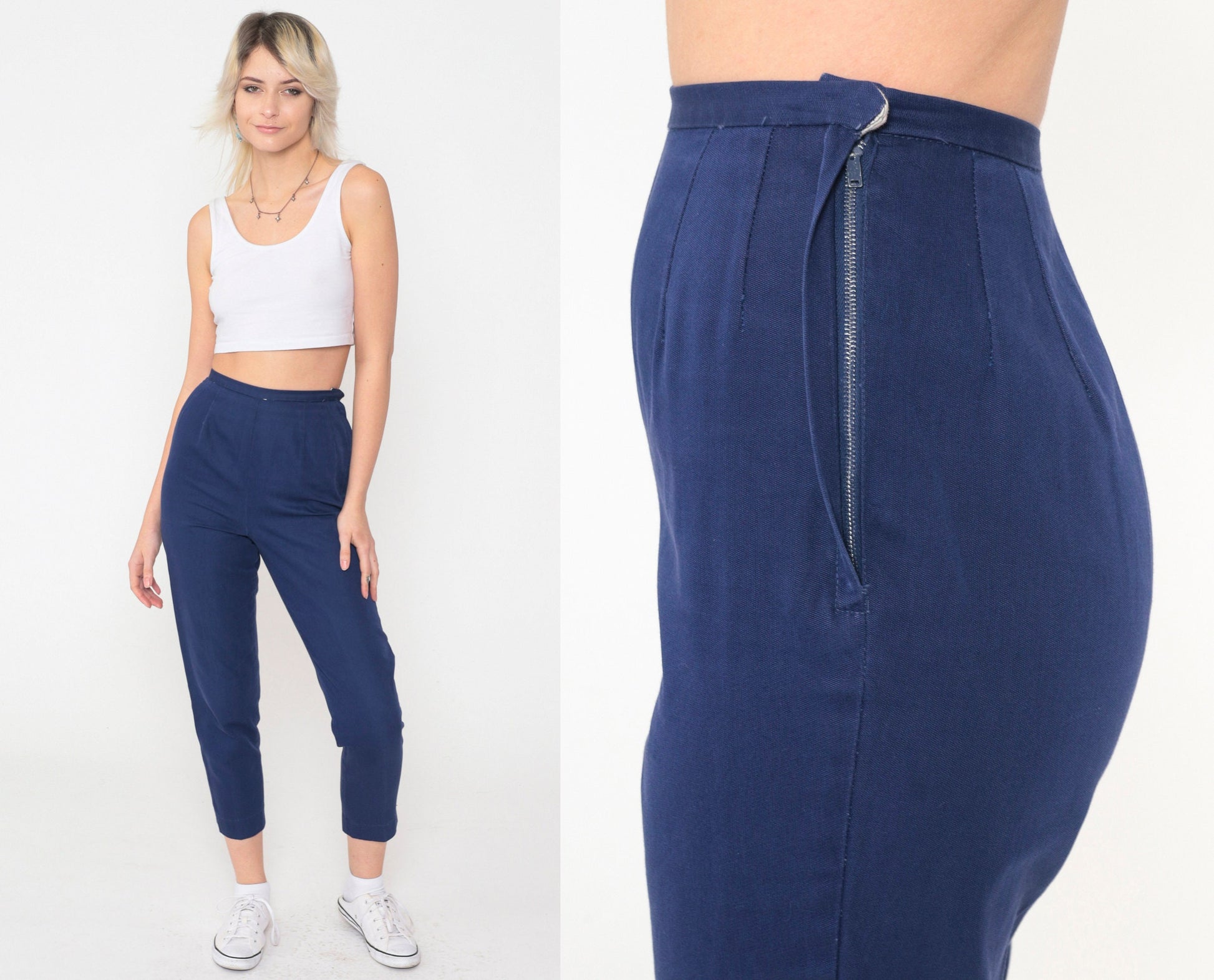 60s Carol Brent Dark Blue High-Waisted Tapered Ankle Pants Extra Small