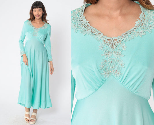70s Seafoam Floral Beaded Maxi Dress Long Sleeve Empire Waist Medium