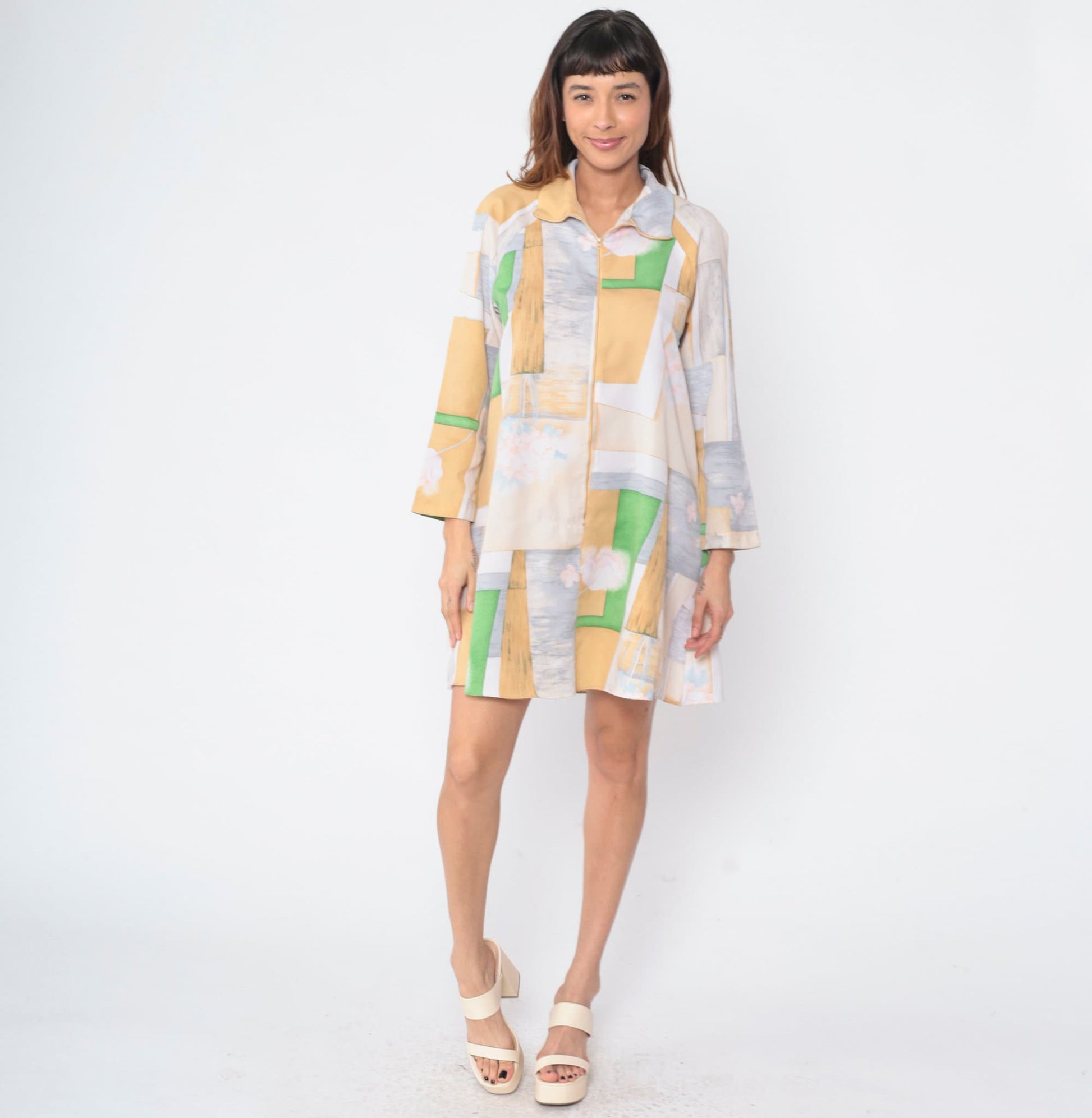 70s Abstract Floral Mini Dress Long Sleeve Zip Front Shift Medium M