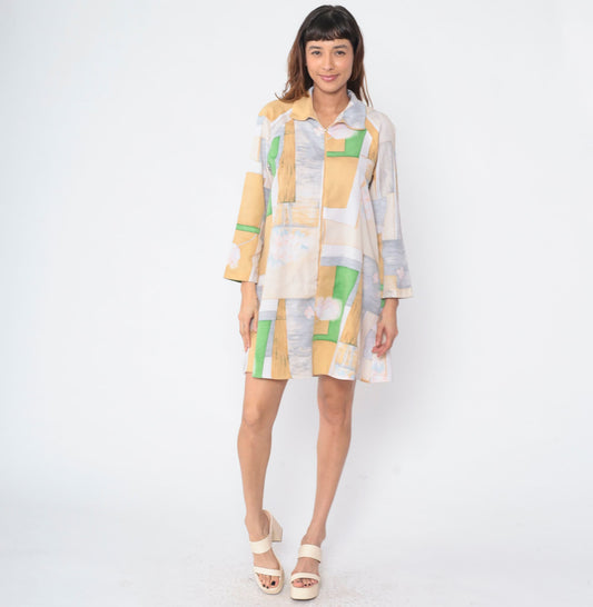 70s Abstract Floral Mini Dress Long Sleeve Zip Front Shift Medium M