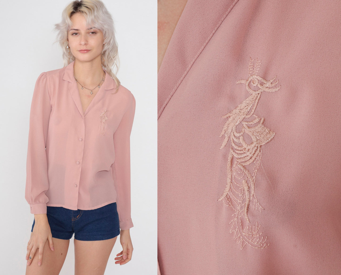 80s Blush Pink Embroidered Peacock Button-Up Blouse Long Sleeve Small