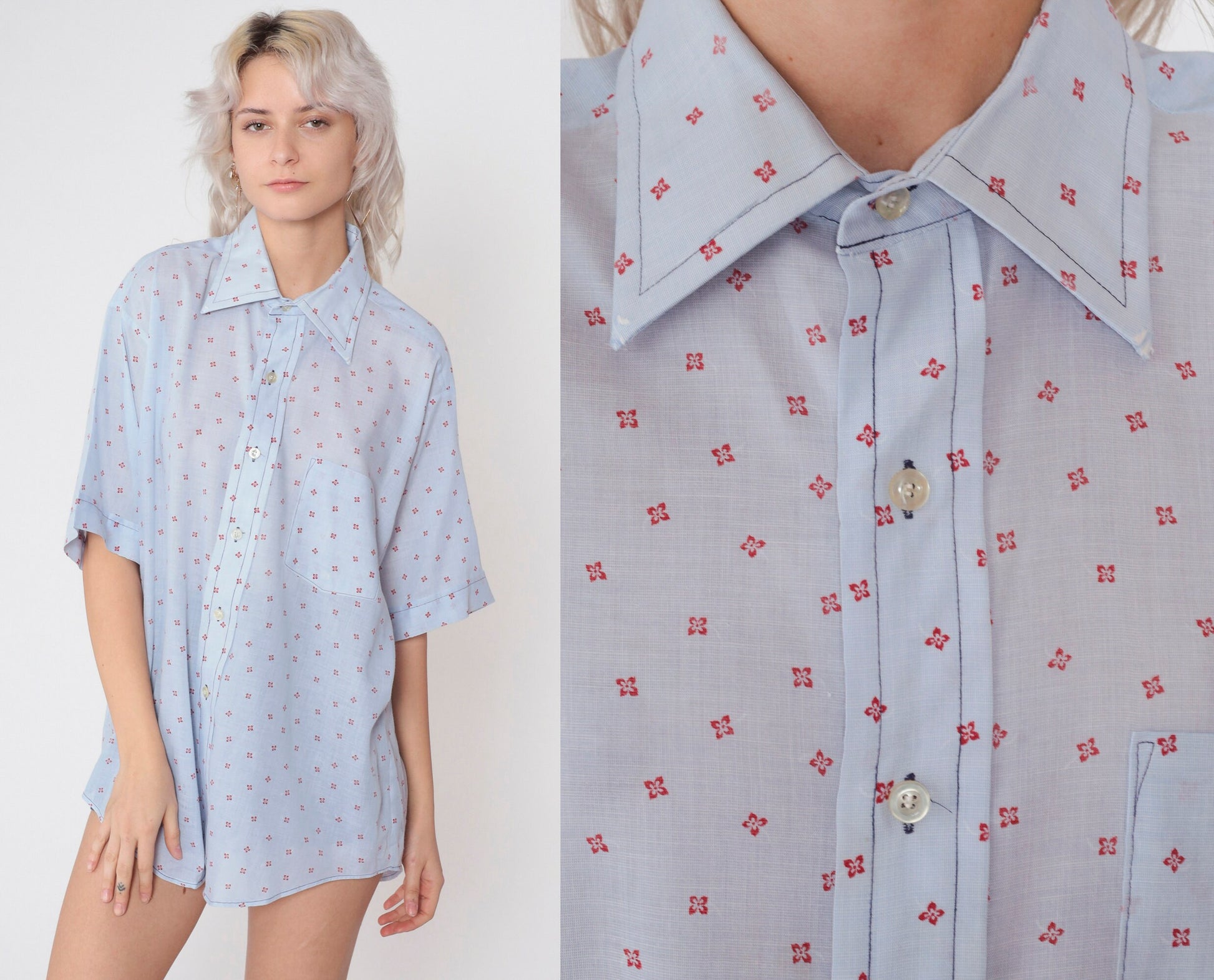 70s Van Heusen Floral Button-Up Shirt Baby Blue Flower Print Men's XXL