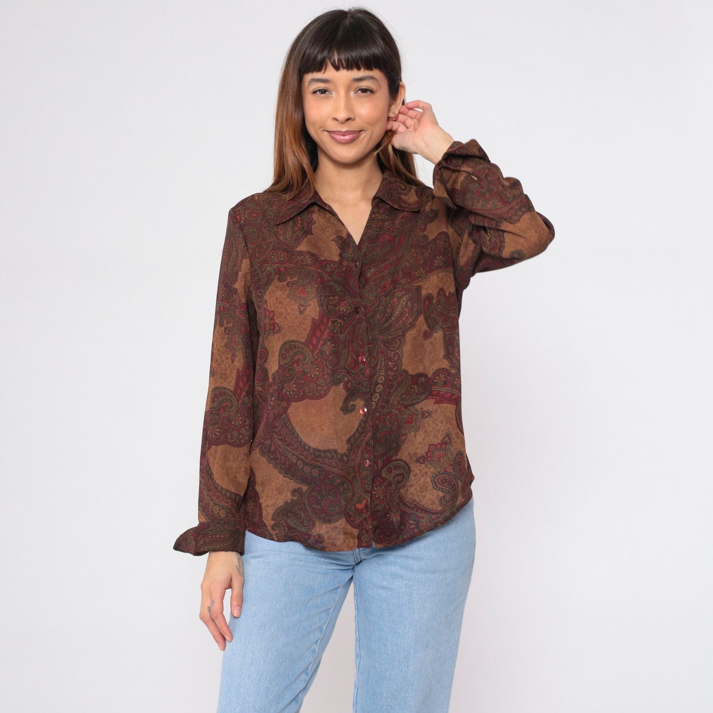 90s Kasper Paisley Button-Up Blouse Brown Long Sleeve Medium