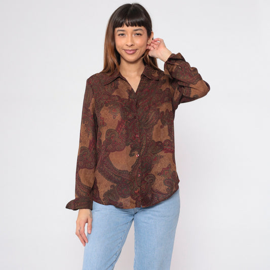 90s Kasper Paisley Button-Up Blouse Brown Long Sleeve Medium