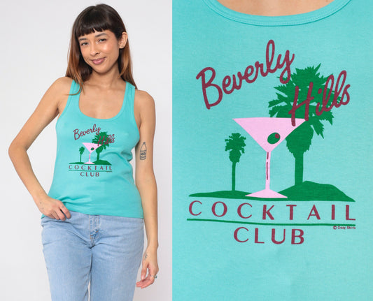 90s Beverly Hills Cocktail Club Tank Top Blue Graphic Tee Small