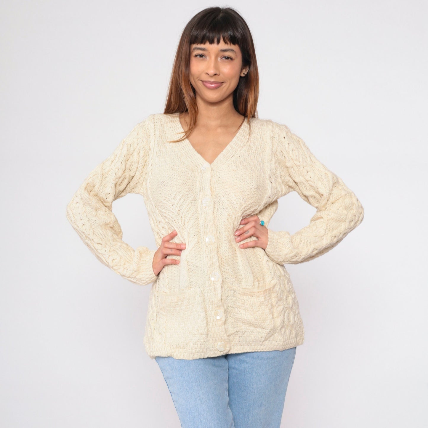 00s Kilronan Merino Wool Cable Knit Cardigan Cream Tree Print Medium M